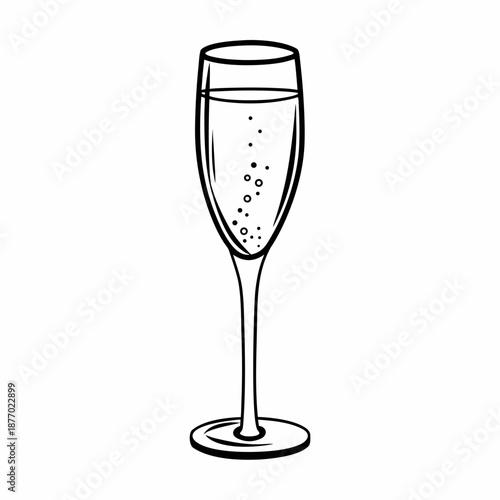Champagne glass isolated on white, Minimalist line icon of champagne flute glass with bubbles, clean black outline, thin stroke, vector illustration, isolated on white background, modern minimal line