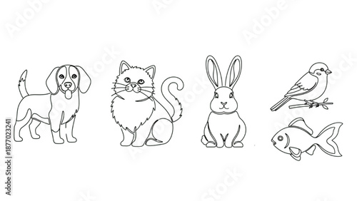 Domestic Pets Vector Set - Minimalist Line Art of Dog, Cat, Rabbit, Bird, and Goldfish for Pet Shop and Veterinary Design