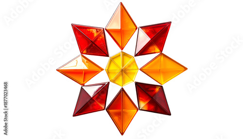 A vibrant, geometric design resembling a starburst. The artwork features multi-faceted shapes in warm colors against a dark background