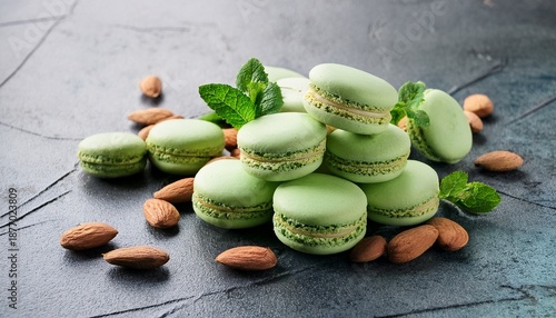 Green Mint Macarons With Almonds On Textured Background