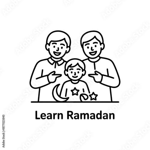 Happy family learning about ramadan with crescent moon and stars