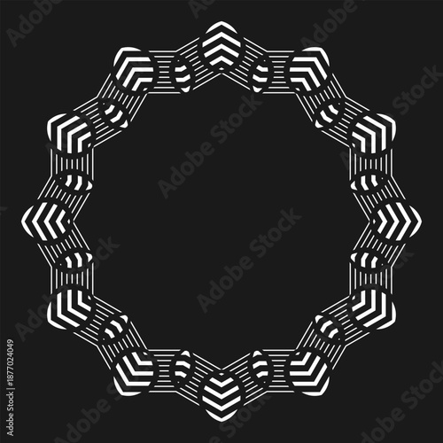 Round decorative frame with stylized floral elements. White on black. Vector illustration