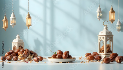 Wallpaper Mural Traditional Ramadan Dates and Decorative Lanterns on a Light Blue Background with Copy Space Torontodigital.ca