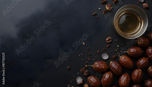 Wallpaper Mural High Angle View of Ripe Dates and a Glass of Tea on a Dark Textured Surface Torontodigital.ca