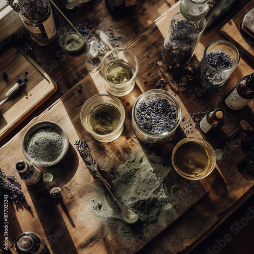 Glass bottles and dry color pigments scattered across a wooden tabletop in a studio setting