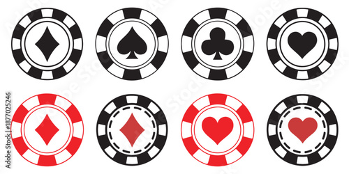 Poker chips black icons vector set. Playing poker concept. Isolated Casino poker chip logo. Poker symbols. Vector illustration.