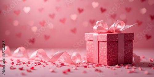 Wallpaper Mural Pink Gift Box with a Satin Ribbon Bow and a Soft Heart Bokeh Background Torontodigital.ca