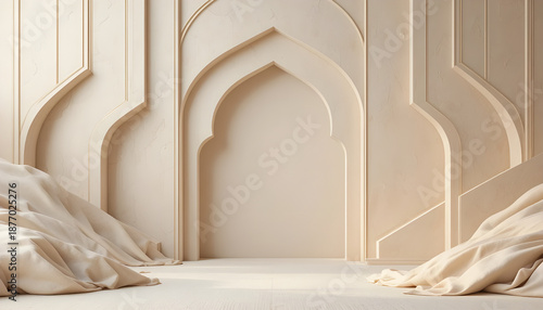 Wallpaper Mural Minimalist Islamic Arch Background with Elegant Beige Draped Fabric and 3D Architectural Wall Torontodigital.ca