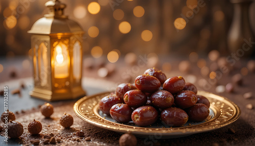 Wallpaper Mural Traditional Ramadan Iftar Composition with Fresh Dried Dates on Golden Plate and Glowing Lantern Torontodigital.ca