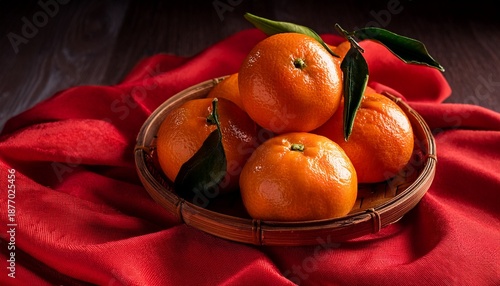 Still Life Of Fresh Tangerines On Red Fabric