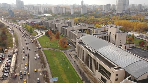 Drone flying along MGIMO buildings toward entrance