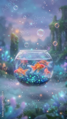 幻想的な背景で泳ぐ金魚鉢ループ映像
