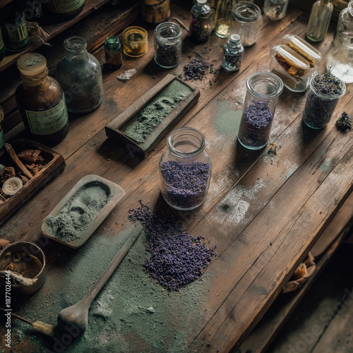 Glass bottles and dry color pigments scattered across a wooden tabletop in a studio setting