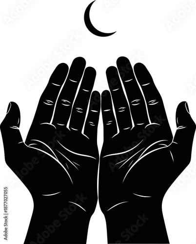 Islamic hands prayer silhouette with crescent moon on transparent background eps