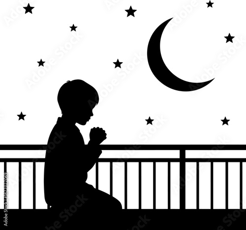 Little boy praying at night under crescent moon and stars silhouette vector art