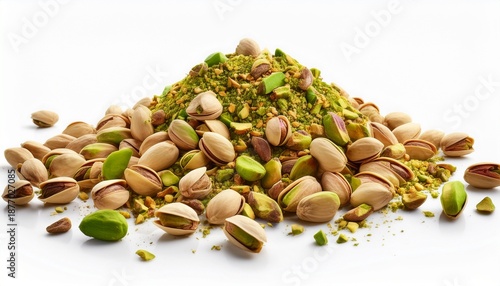 Scattered Pistachio Nut Pieces Isolated Break Chopped Pistachios Pile Fried Baked Diced Pistache On White Background