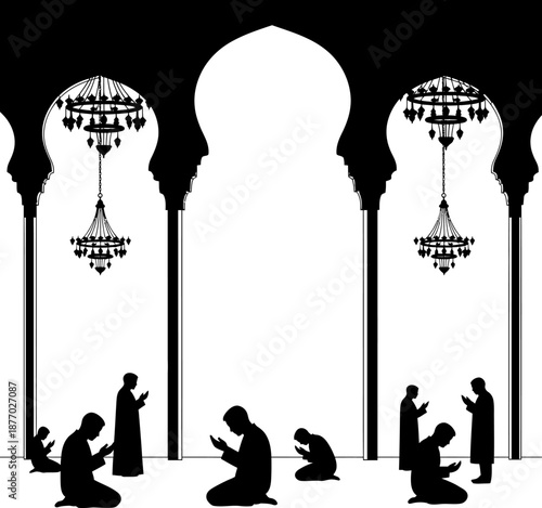 Mosque interior silhouette with praying people and chandeliers vector design art