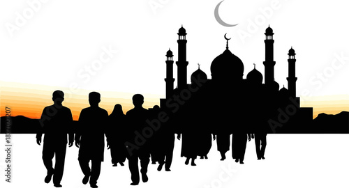 People walking towards mosque silhouette during sunset or sunrise prayer time