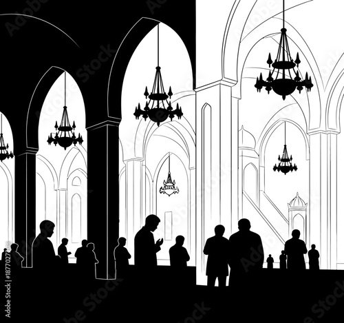 People praying inside masjid silhouette with chandeliers and arches vector decor