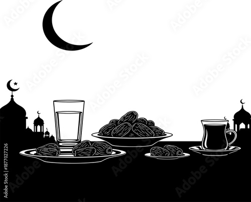 Ramadan iftar meal silhouette with dates, water, tea and mosque at night