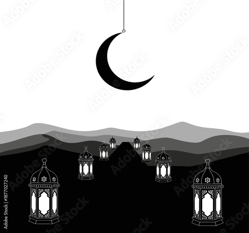 Ramadan lanterns and crescent moon hanging over desert landscape at night vector illustration