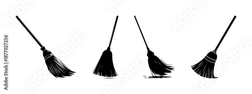 Black silhouette broomstick collection isolated on transparent background traditional cleaning tool Halloween witch concept vector illustration old wooden bristle sweep vintage clipart