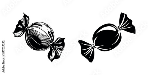 Black silhouette candy icon set vector illustration sweet treat dessert wrapper isolated on transparent background clipart sugar snack confectionery Halloween party retro element collection