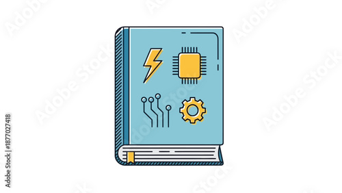 Illustration of a book with technical icons.