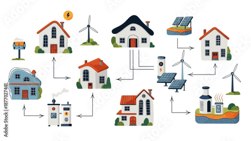 Houses with Renewable Energy Sources Illustration.