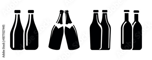 Set of vector isolated on transparent background of beer or soda bottle icons in silhouette style including clinking gesture, bar drink, celebration, alcohol beverage, refreshment, cheers, party