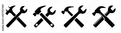 Vector isolated on transparent background of crossed hammer and wrench black icons representing tools, maintenance, repair, construction, hardware, settings, industry, work, engineering, labor