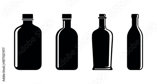 Vector isolated on transparent background of different drink bottle silhouettes including whiskey, wine, soda, olive oil containers for packaging, branding, bar, kitchen, mockup, alcohol, design