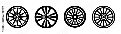 Vintage cart wheel set vector isolated on transparent background black silhouette old wagon spoke wooden wheel design retro transportation element decorative circular shape icon rustic style
