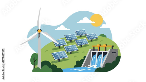 Renewable Energy Sources with Wind Turbine Solar Panels Hydroelectric Dam.