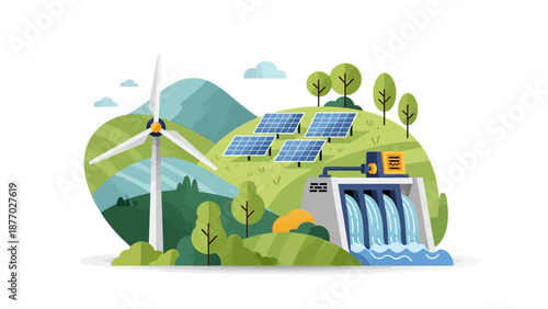 Renewable Energy Sources Wind Turbine Solar Panels Hydroelectric Dam.