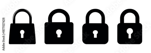 Set of black padlock security icons vector isolated on transparent background showing closed padlocks in simple silhouette style for privacy protection encryption and access safety concepts