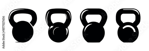 Set of black kettlebell icons vector isolated on transparent background in simple gym fitness silhouette style showing various weights for strength training exercise workout health and sport equipment