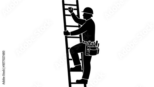 Construction Worker Climbing Ladder with Toolbelt.