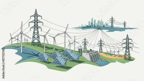 Renewable Energy Infrastructure with Solar Panels and Turbines.