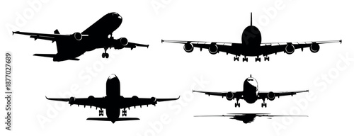 Airplane silhouette set vector isolated on transparent background showing various angles of commercial jet aircraft in black design for aviation travel flight transportation airport and airline themes
