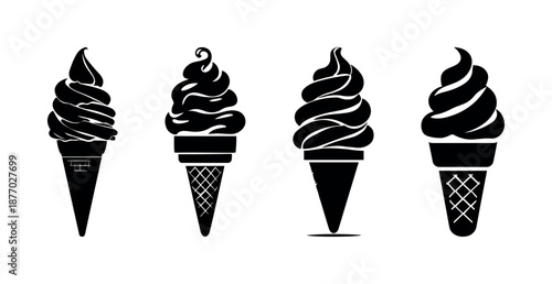 Collection of ice cream cone icons vector isolated on transparent background showing various swirl styles in black silhouette design for dessert summer sweet food concept and frozen snack illustration