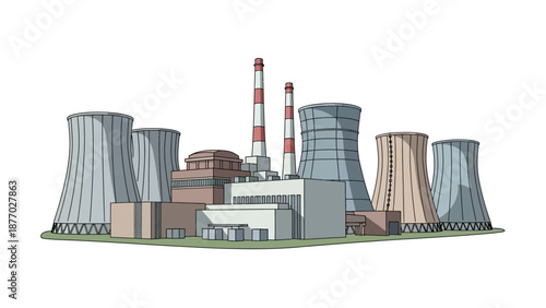 Nuclear Power Plant Illustration with Cooling Towers.