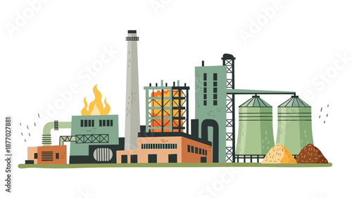 Industrial Factory Complex with Silos and Chimney.