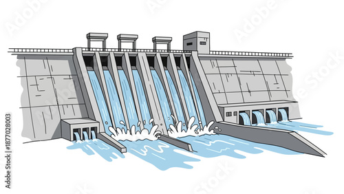Dam Structure with Water Flow Illustration.