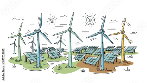 Renewable Energy Wind Turbines Solar Panels Illustration.