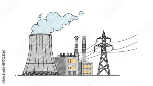Nuclear Power Plant Illustration with Transmission Tower.