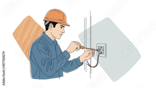 Electrician Installing Cable on Wall Outlet.