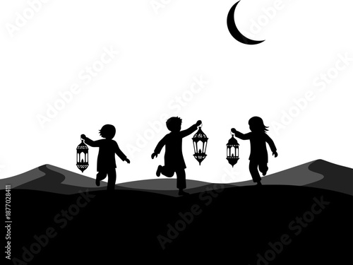 Children holding Ramadan lanterns at night with crescent moon and sand dunes