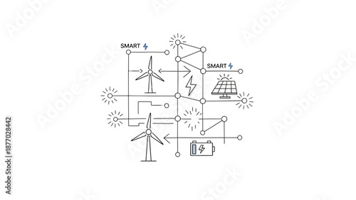Renewable Energy Diagram with Solar Panels and Turbines.