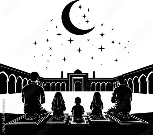 Family praying at mosque courtyard under moon and stars, Islamic worship